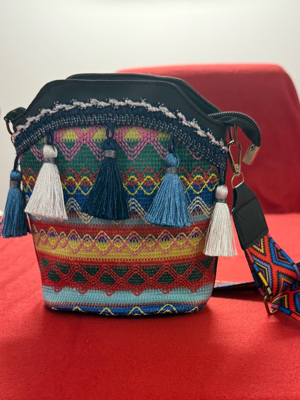 Colorful Embroidered Tassel Crossbody Bag - Multicolor